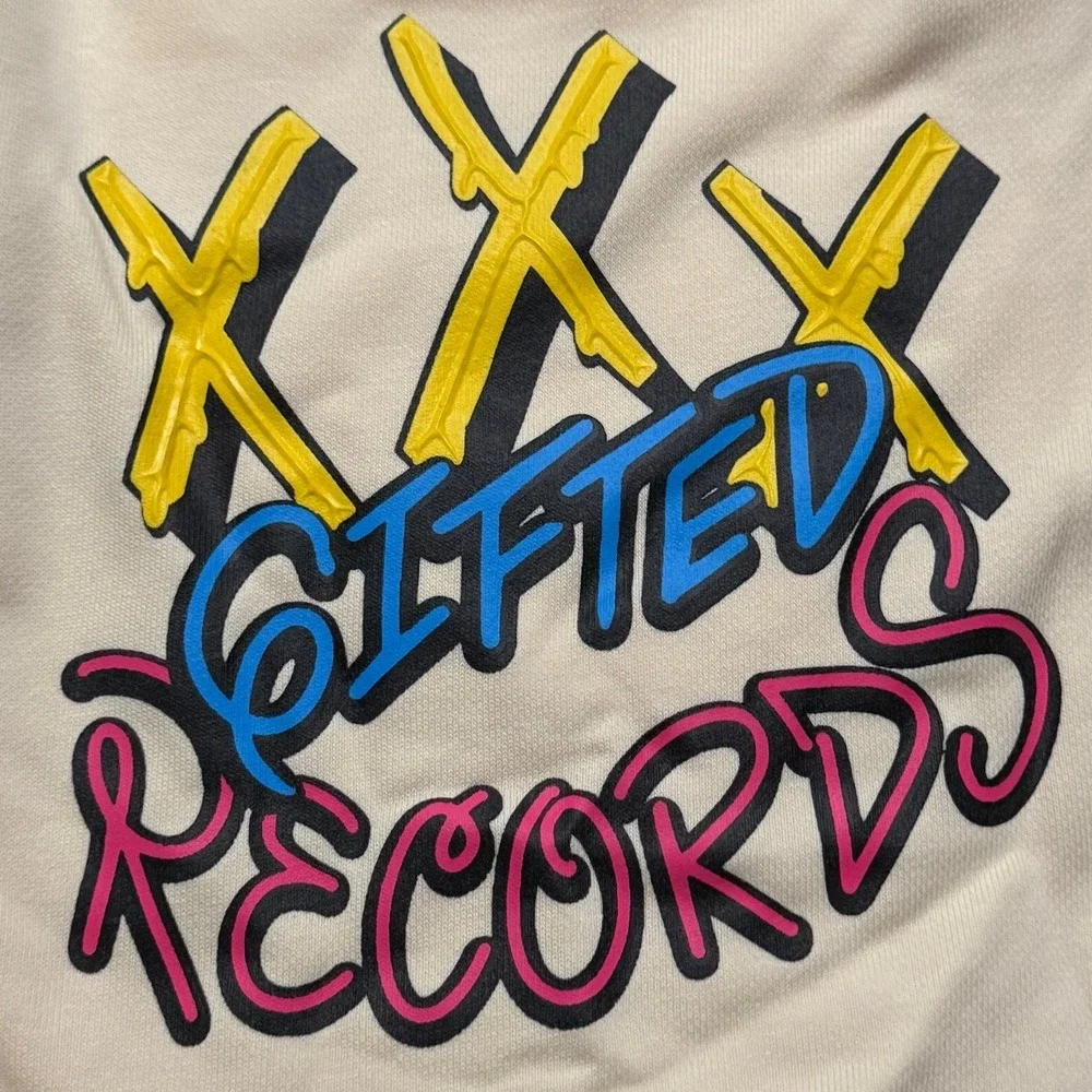 GFTD LA XXX Records Shorts Mens Medium Bone Cream Graphic Fleece Sweat Shorts